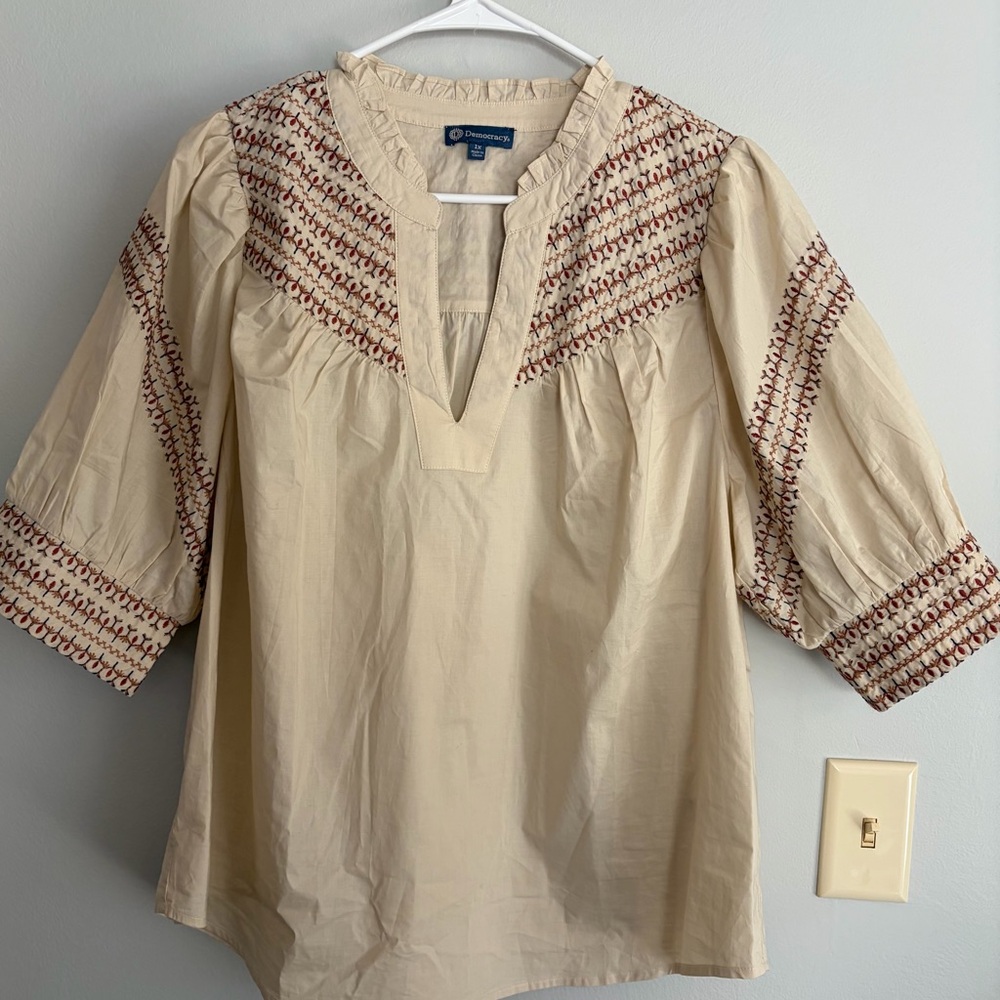 Democracy Cream and Red Embroidered Blouse